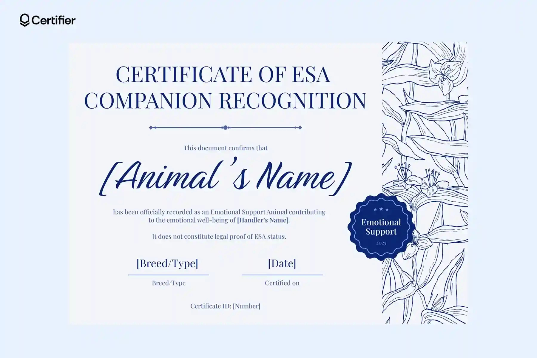 15 Blank Esa Certificate Templates throughout FREE Printable Blank Emotional Support Animal Certificate