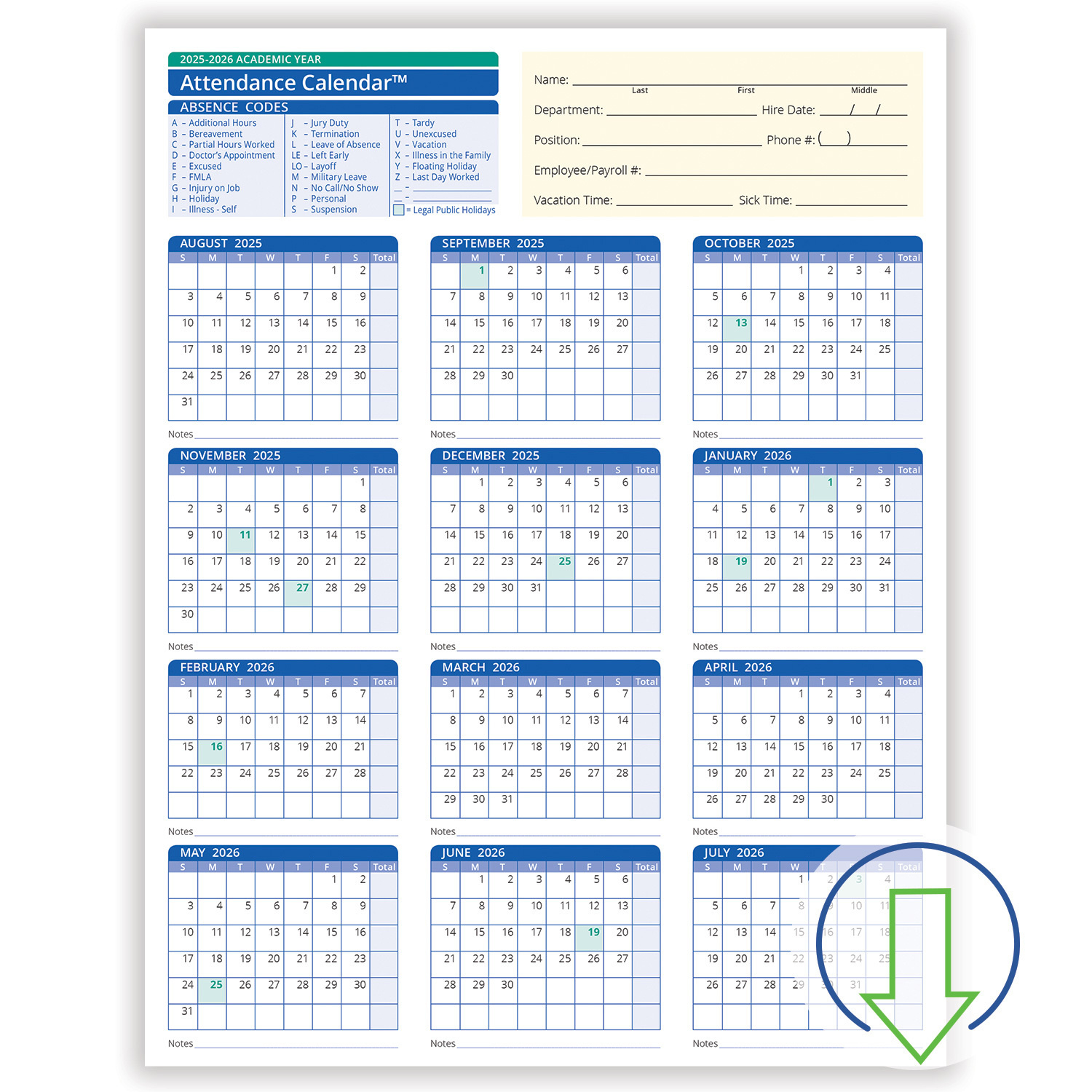 2026 Downloadable Academic Year Employee Attendance Calendar regarding FREE Printable Attendance Calendar 2025