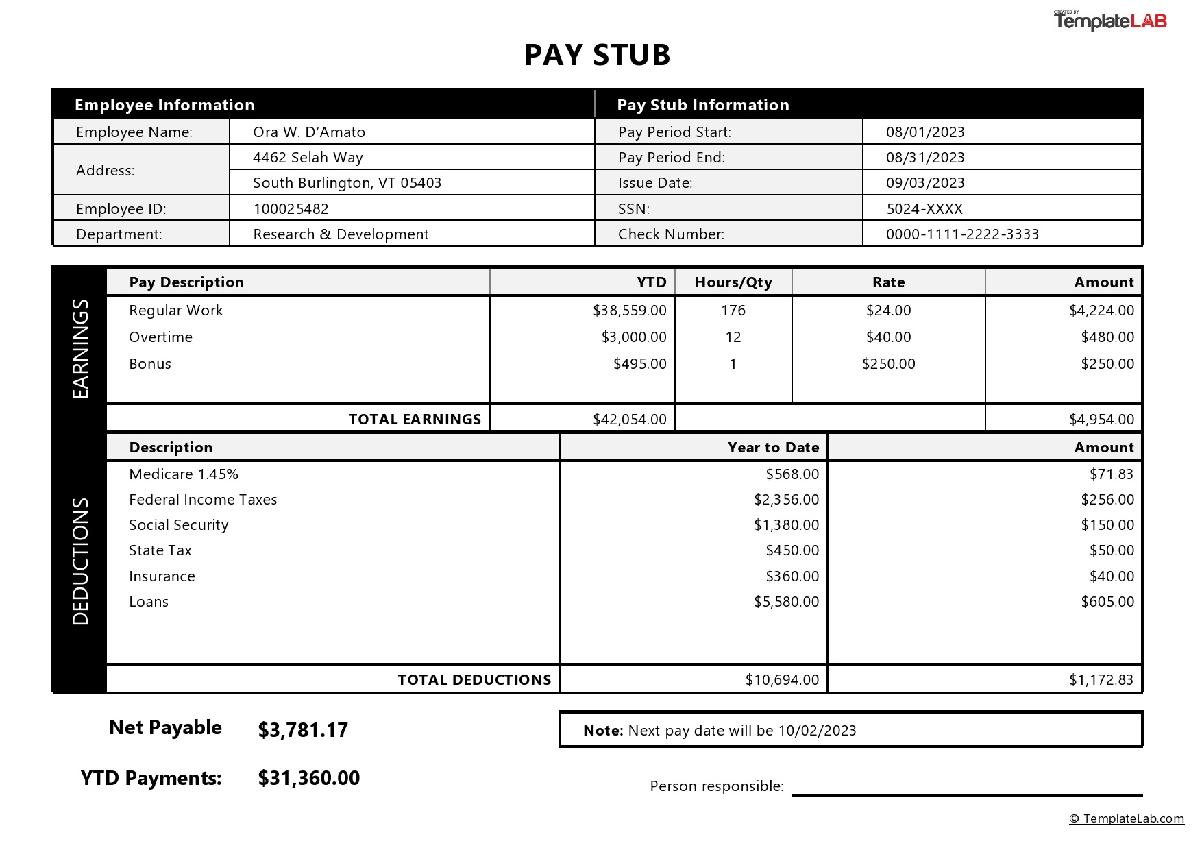 24 Free Pay Stub Templates [Word, Excel, Pdf] - Templatelab pertaining to FREE Printable Blank Paycheck Stubs