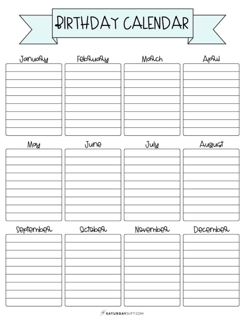 26 Cute &amp;amp; Free Printable Birthday Calendar Templates | Saturdaygift with FREE Printable Birthday List Template