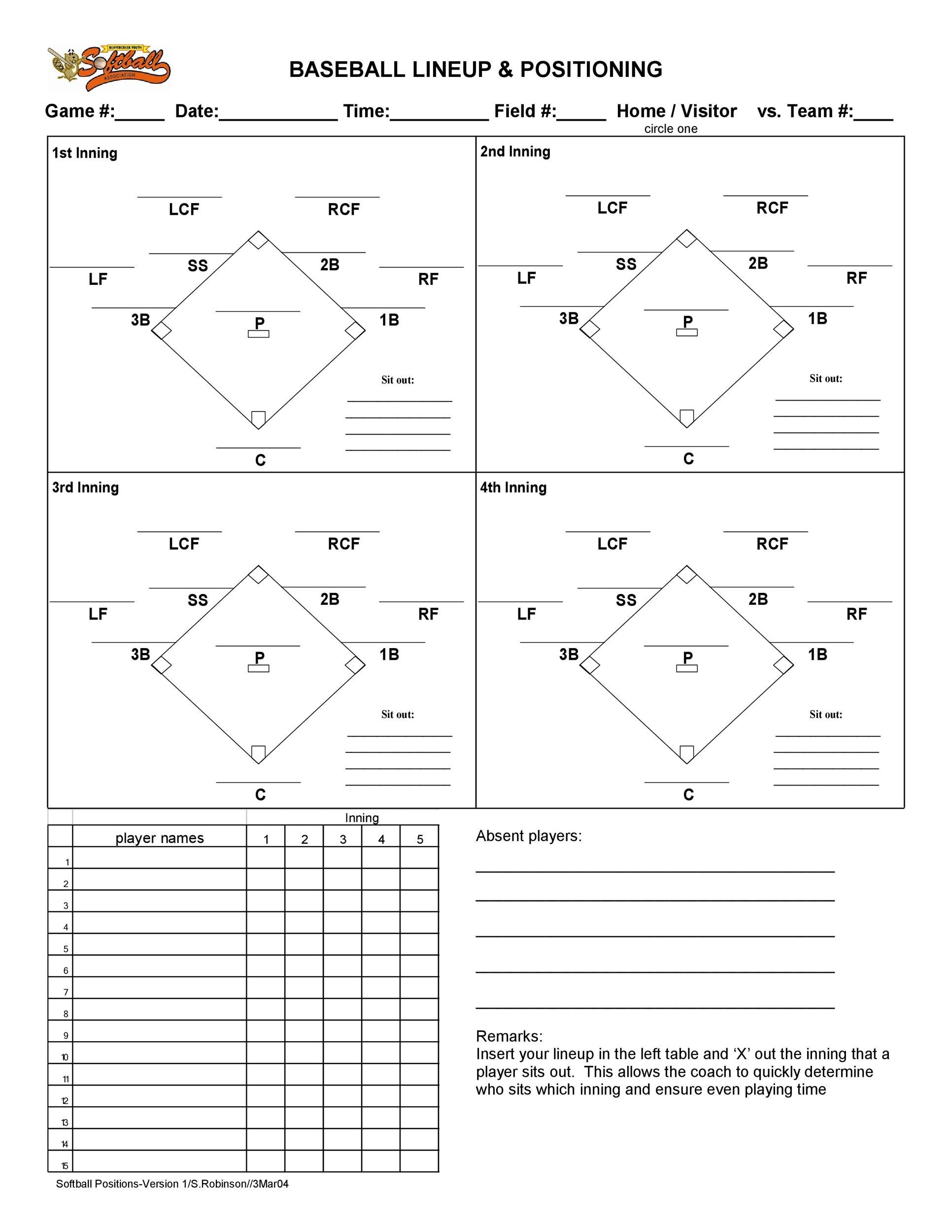 33 Printable Baseball Lineup Templates [Free Download] ᐅ Templatelab inside FREE Printable Baseball Depth Chart