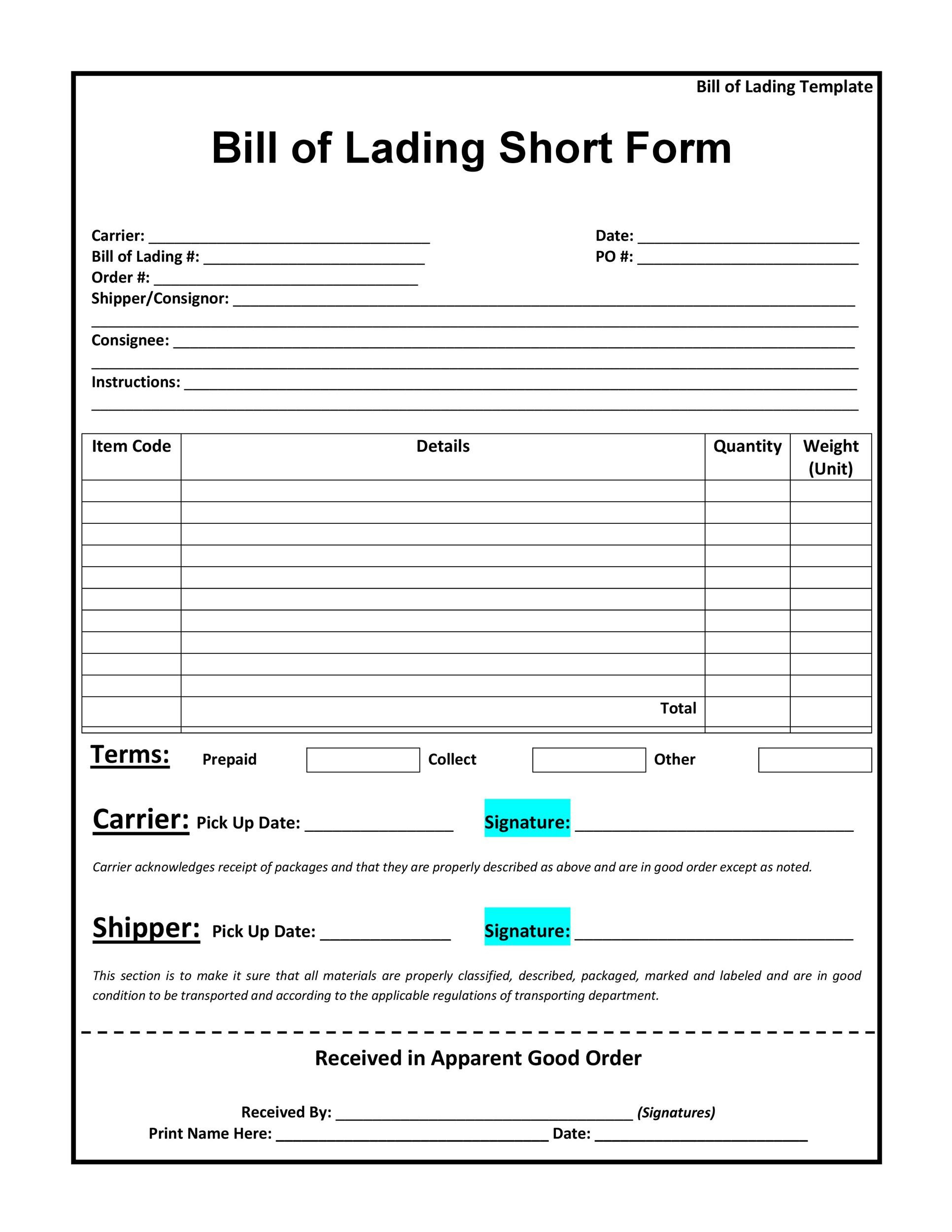 40 Free Bill Of Lading Forms &amp;amp; Templates ᐅ Templatelab throughout FREE Printable Bill of Lading Short Form