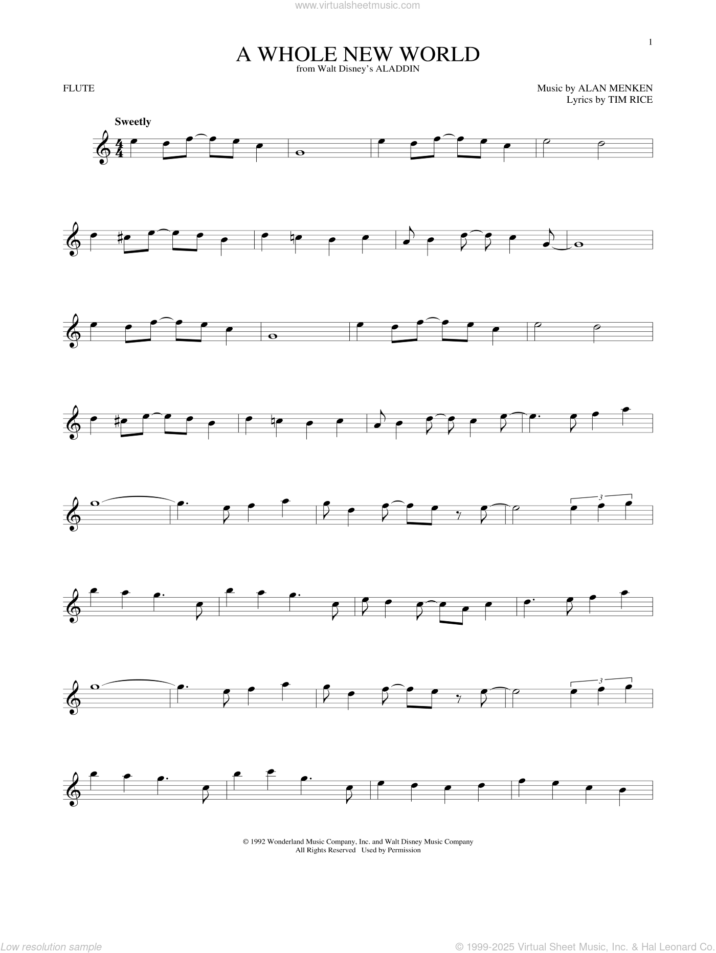 A Whole New World (From Aladdin) Sheet Music For Flute Solo (Pdf) in Free Printable Beginner Flute Sheet Music