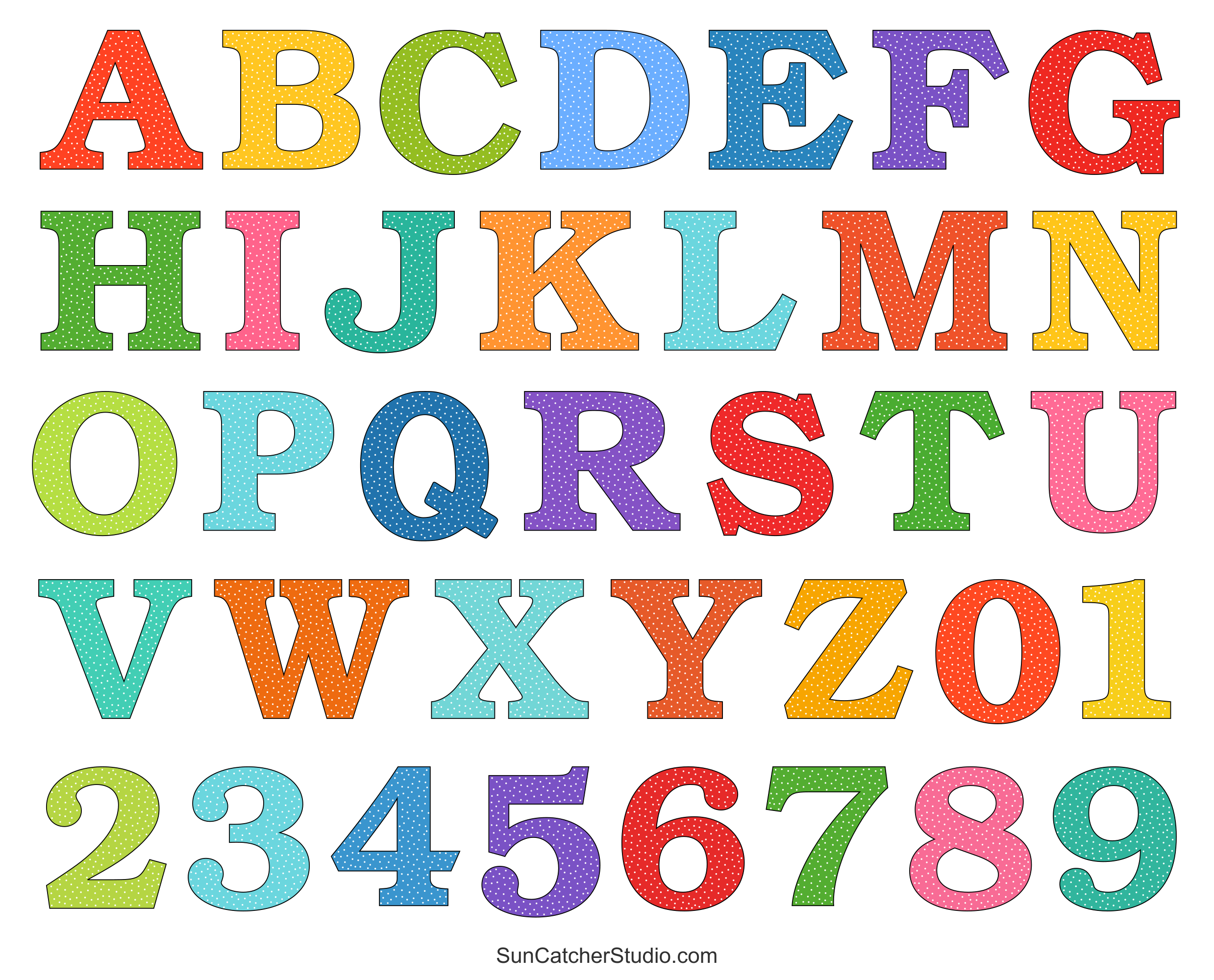 Alphabet Letters And Numbers With A Colorful Polka Dot Design within FREE Printable Big Alphabet Letters
