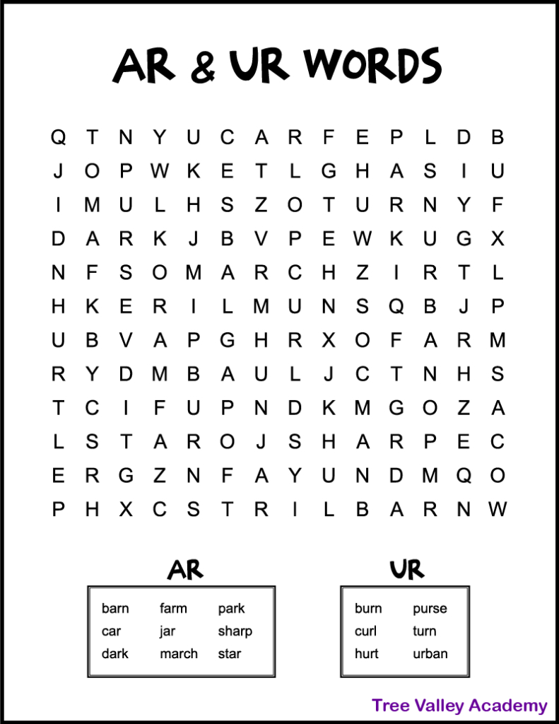 Ar &amp;amp; Ur Bossy R Word Search For Kids - Tree Valley Academy with Free Printable Bossy R Worksheets