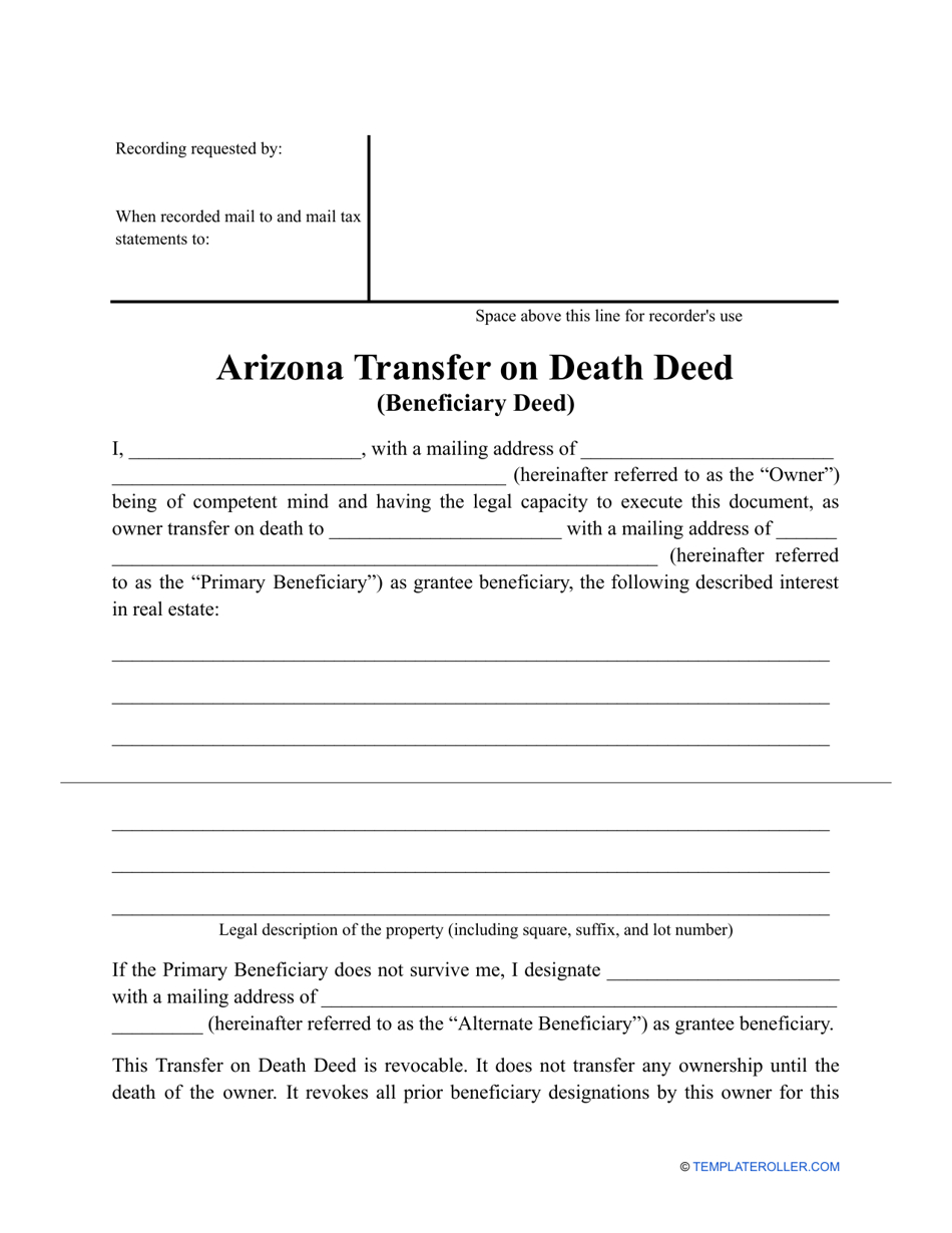 Arizona Transfer On Death Deed Form - Fill Out, Sign Online And in FREE Printable Beneficiary Deed Arizona