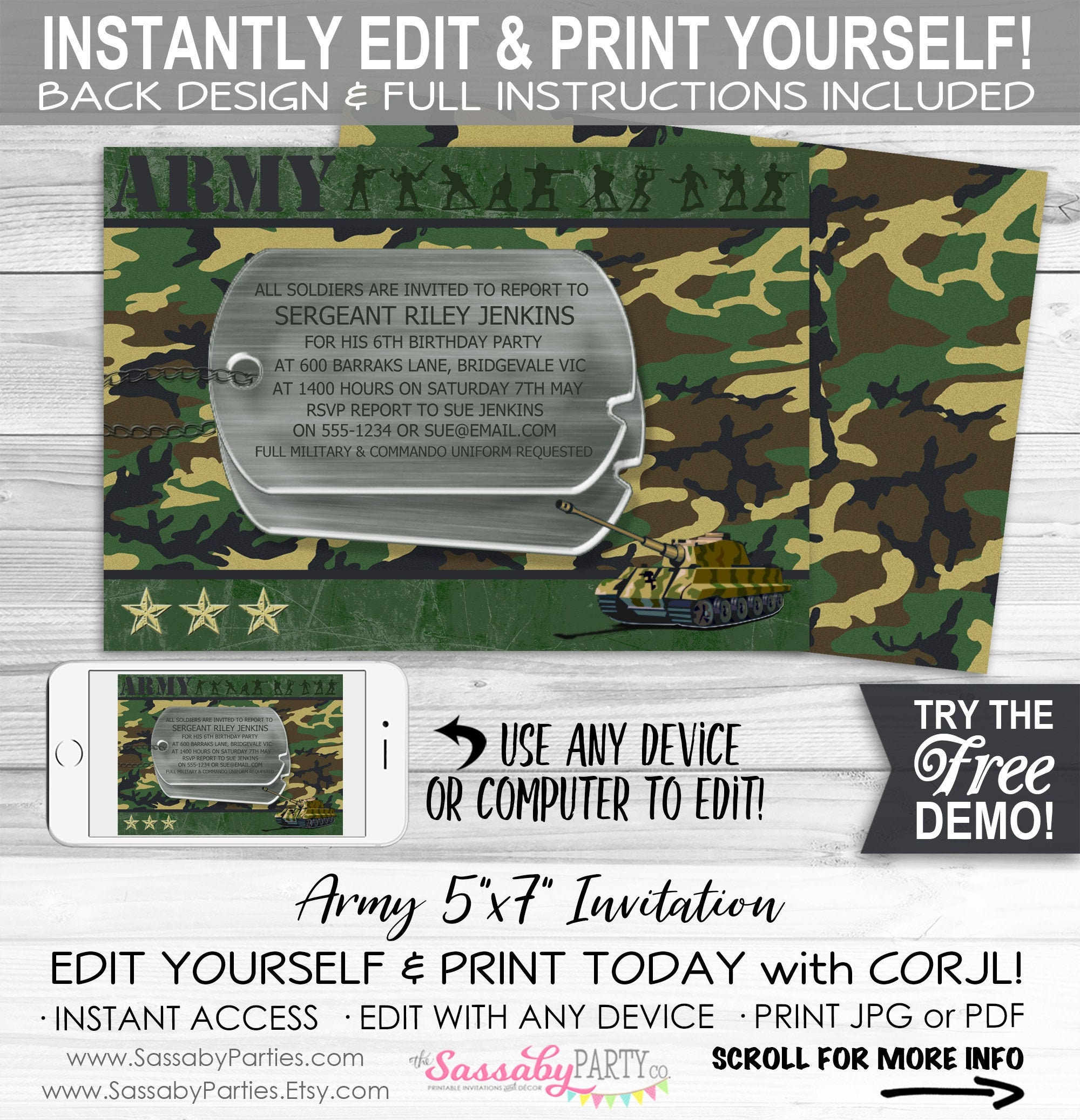 Army Party Invitation - Instant Download - Editable &amp;amp; Printable throughout FREE Printable Army Birthday Invitations