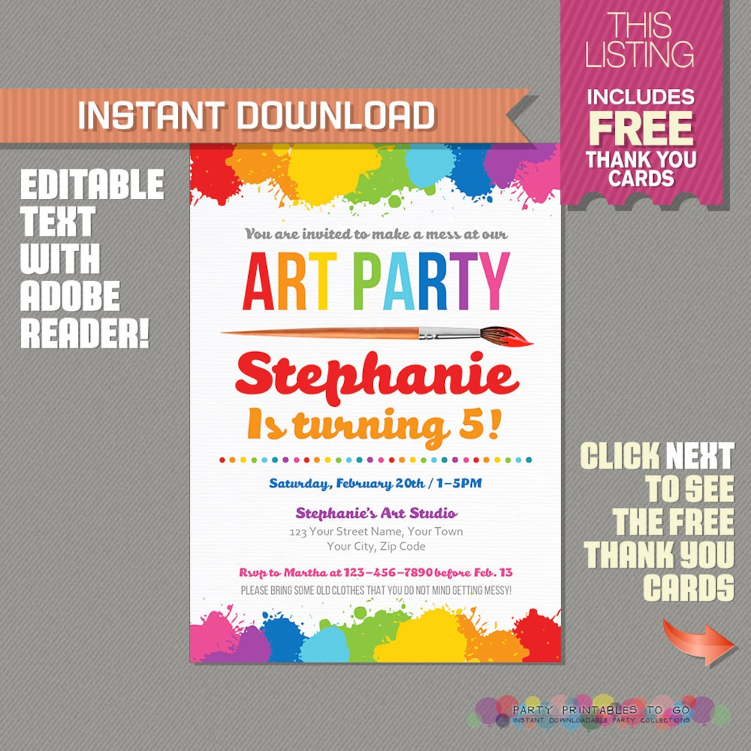 Art Party Invitation With Free Thank You Card - Art Birthday Party pertaining to Free Printable Art Party Invitations