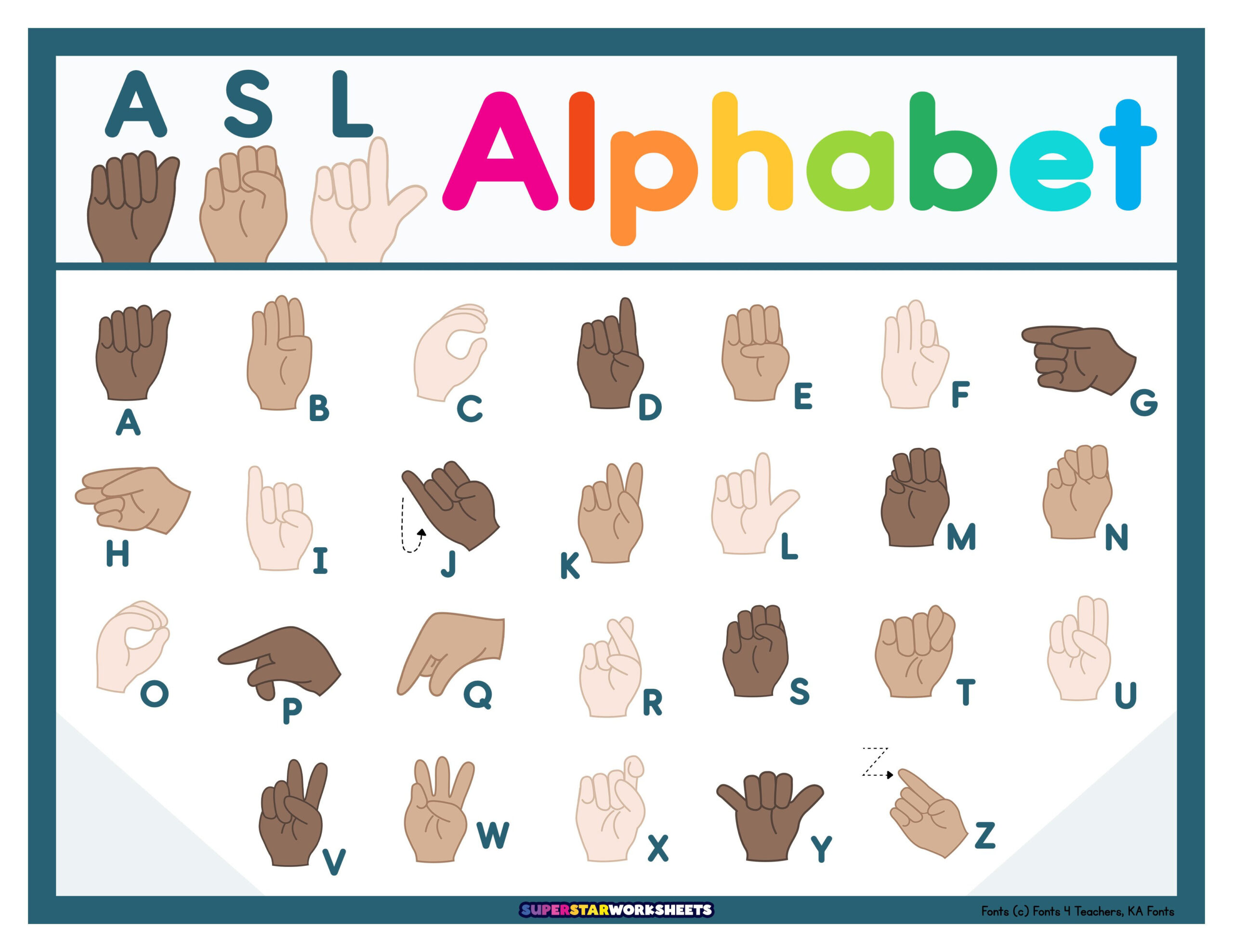 Asl Alphabet Chart - Superstar Worksheets intended for Free Printable Asl Alphabet Printable