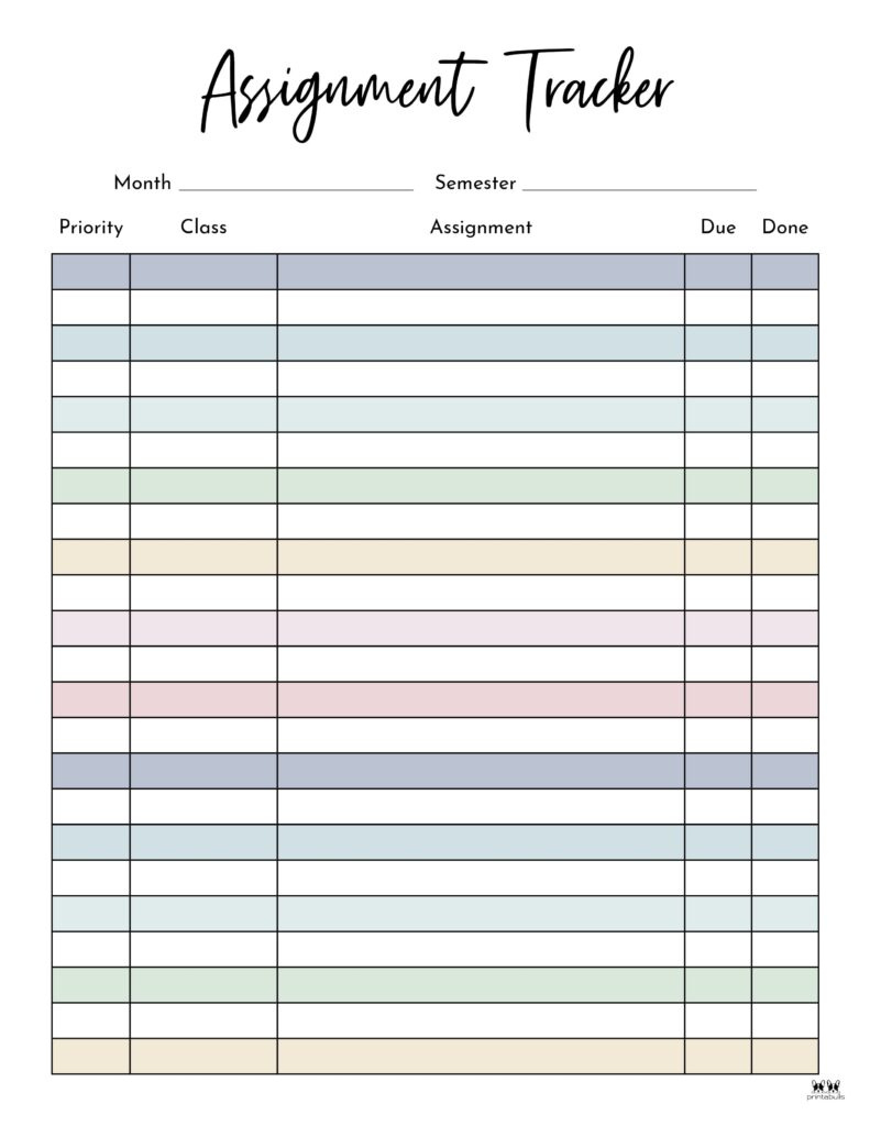 Assignment Trackers - 12 Free Printables | Printabulls regarding FREE Printable Assignment Sheets For Students