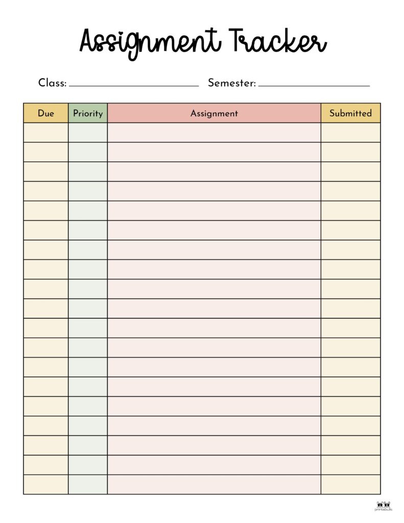 Assignment Trackers - 12 Free Printables | Printabulls with FREE Printable Assignment Sheets For Students