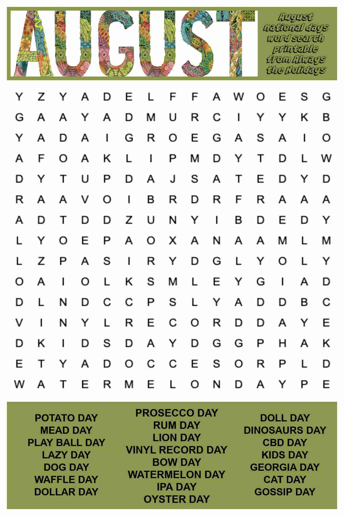 August Word Search Printable - National Days Word Find Puzzle inside Free Printable August Word Search