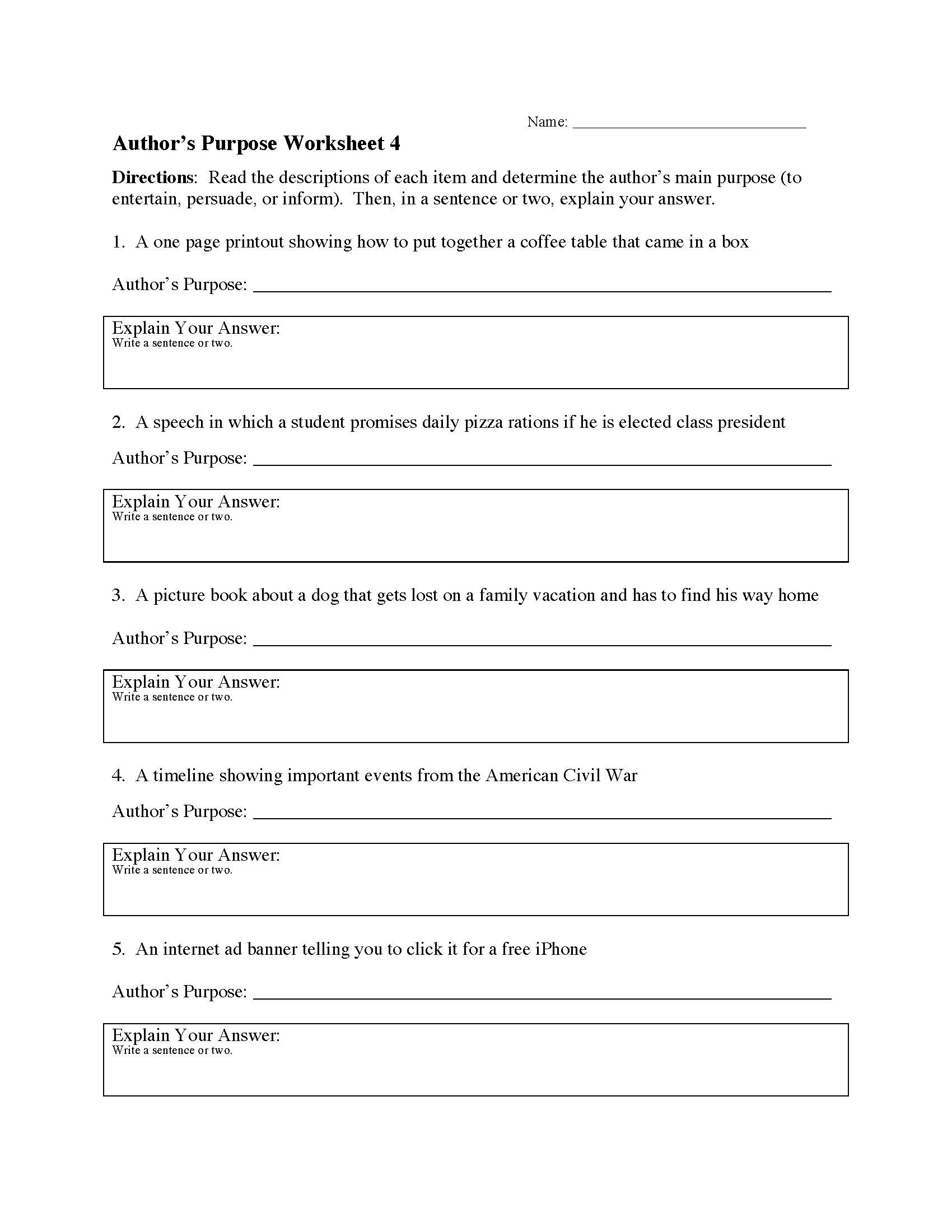 Author&amp;#039;S Purpose Worksheets | Reading Skills regarding Free Printable Author&amp;#039;S Purpose Worksheets