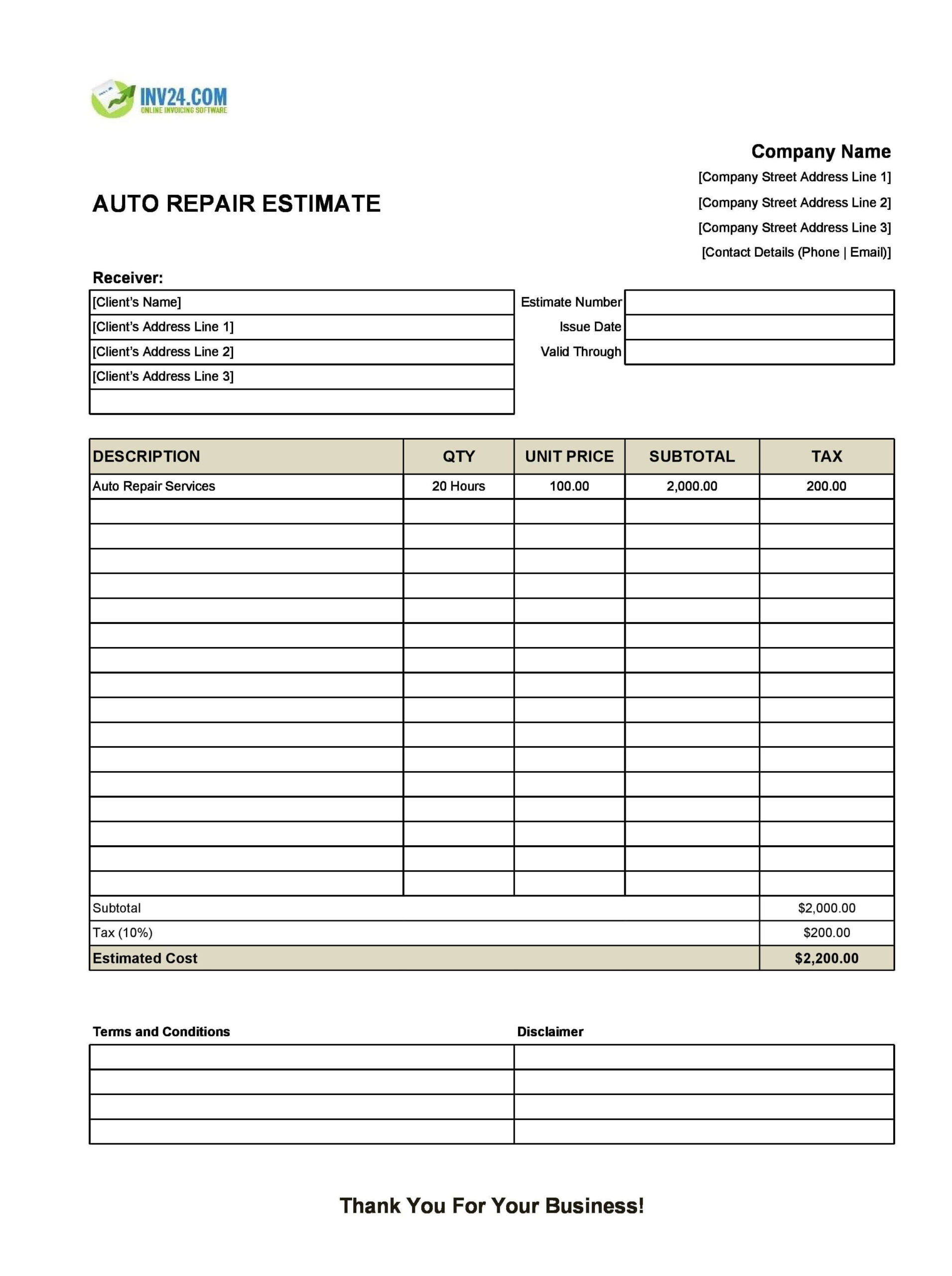 Auto Repair Estimate Template (Excel / Google Sheets) in Free Printable Auto Repair Estimate Form
