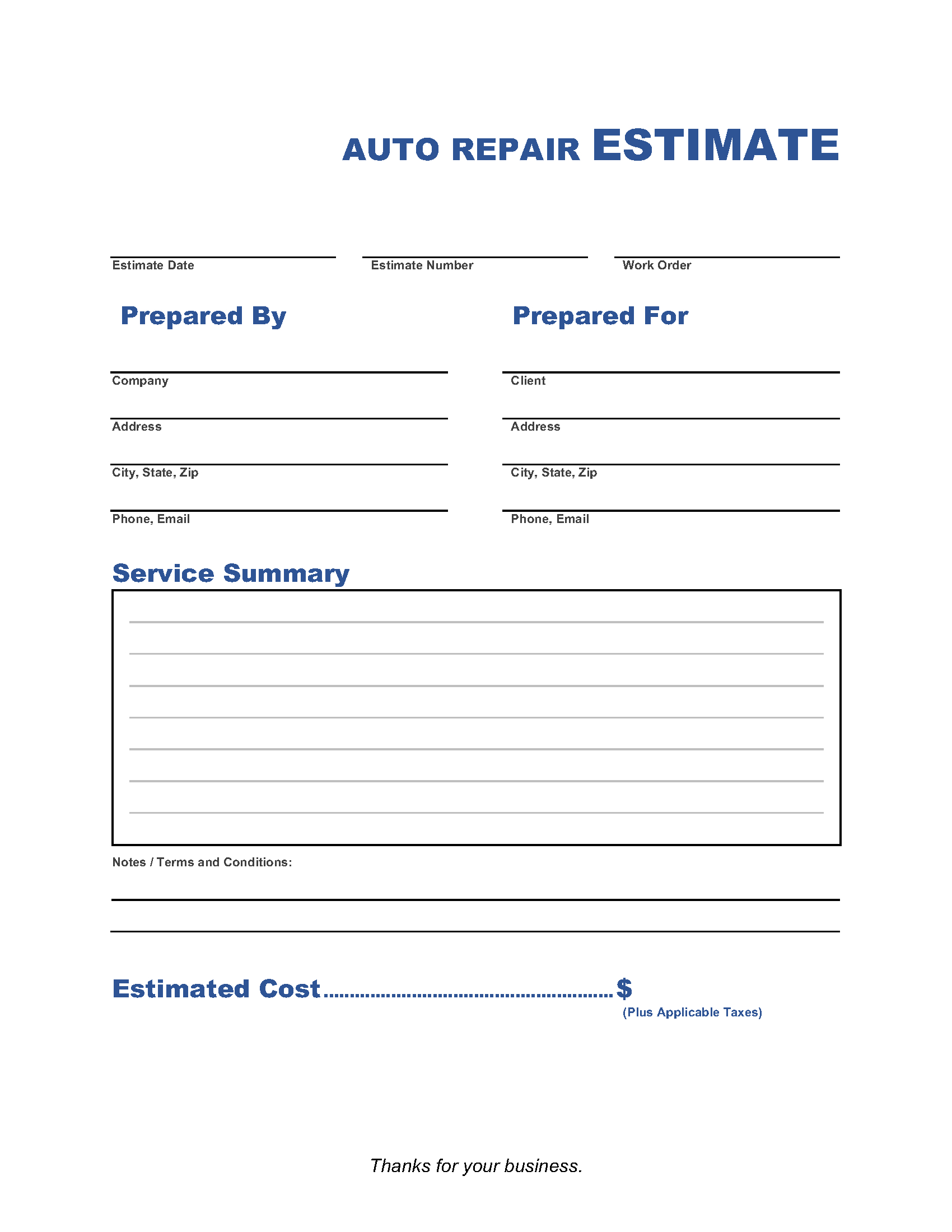 Auto Repair Estimate Template | Invoice Maker with Free Printable Auto Body Repair Estimate Forms