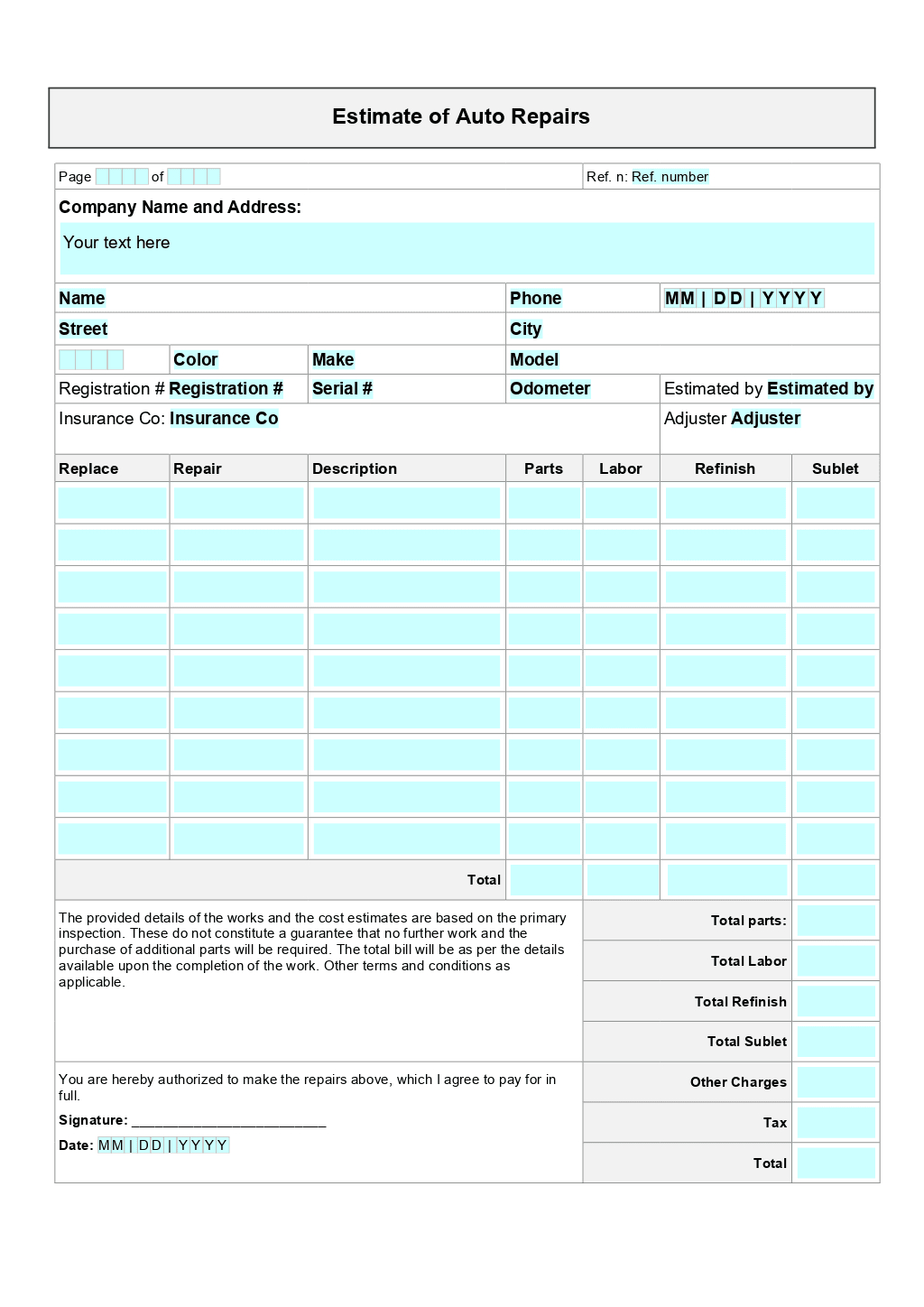 Auto Repair Estimate Template | Onlyoffice regarding Free Printable Auto Body Repair Estimate Forms