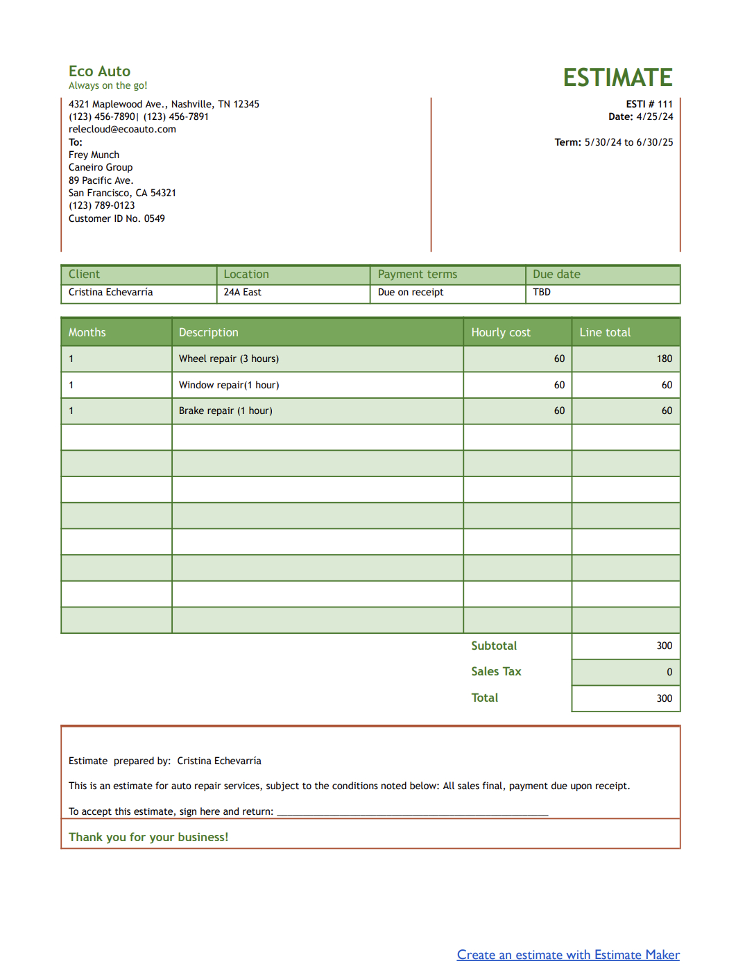 Auto Repair Estimate Templates in Free Printable Auto Repair Estimate Form