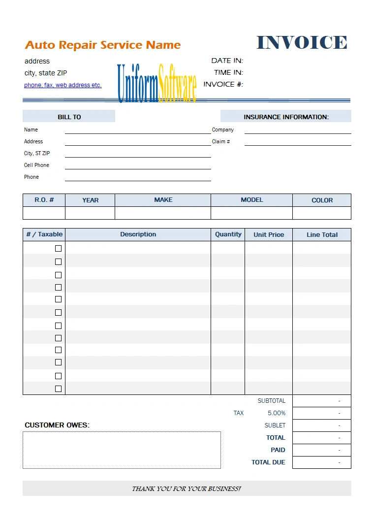 Auto Repair Invoice Template inside Free Printable Auto Repair Invoice