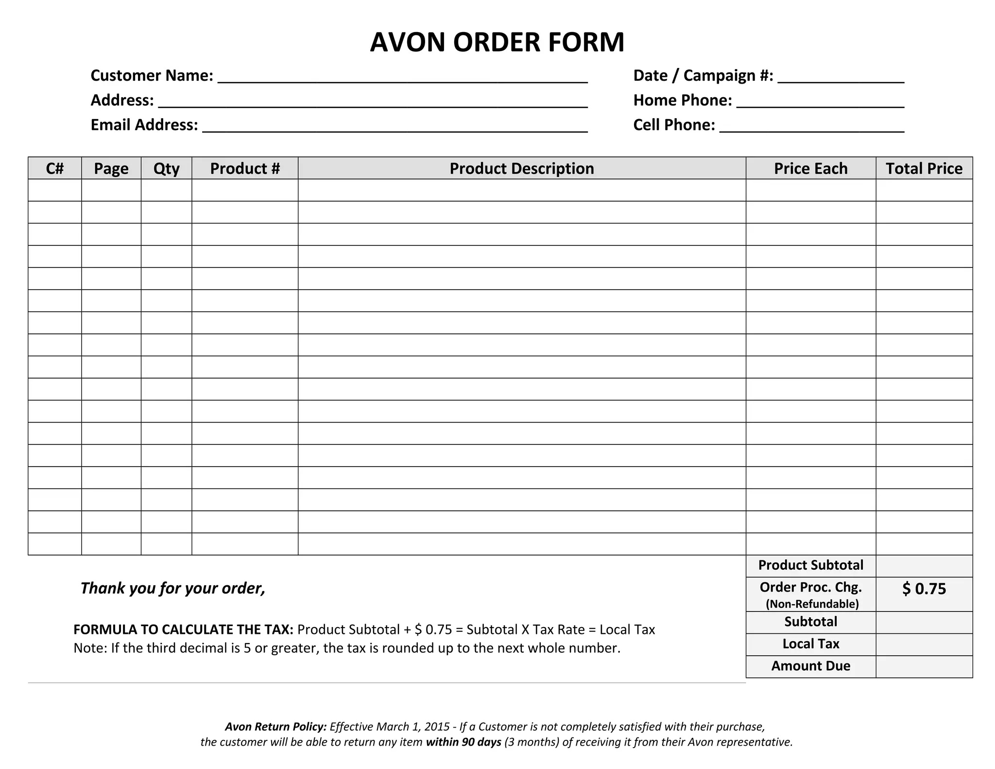Avon Order Form - Blank Word Version | Doc for FREE Printable Avon Order Form