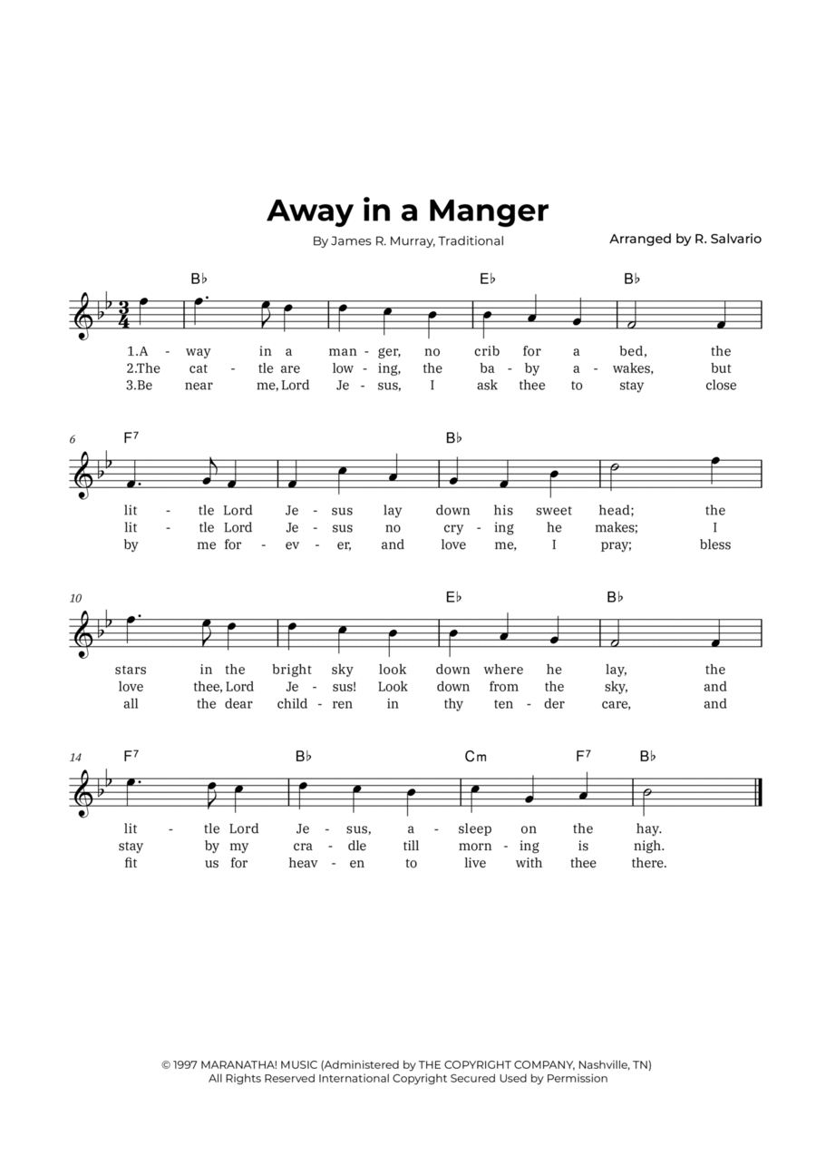 Away In A Manger (Key Of B-Flat Major)Traditional - Easy Piano, C Instrument - Digital Sheet Music | Sheet Music Plus regarding Free Printable Away In A Manger Sheet Music