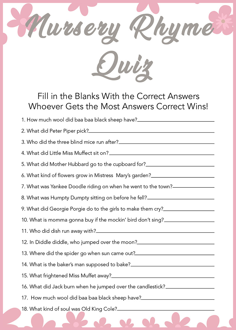 Baby Shower Games - Free Printables - Nursery Rhymes - inside FREE Printable Baby Shower Nursery Rhyme Games with Answer Key