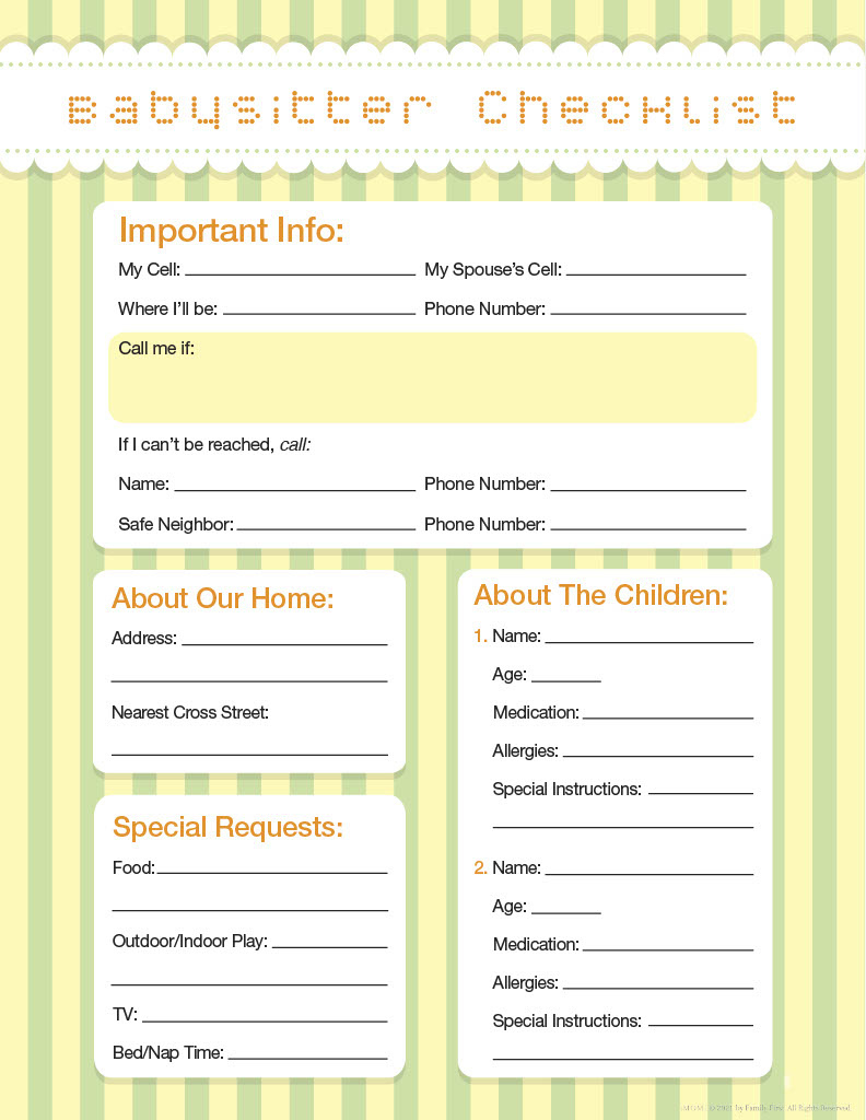 Babysitter Checklist - Imom pertaining to FREE Printable Babysitter Information Babysitter Info Sheet