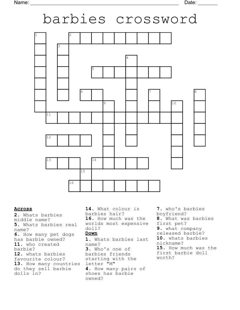 Barbies Crossword - Wordmint in Free Printable Barbie Word Search