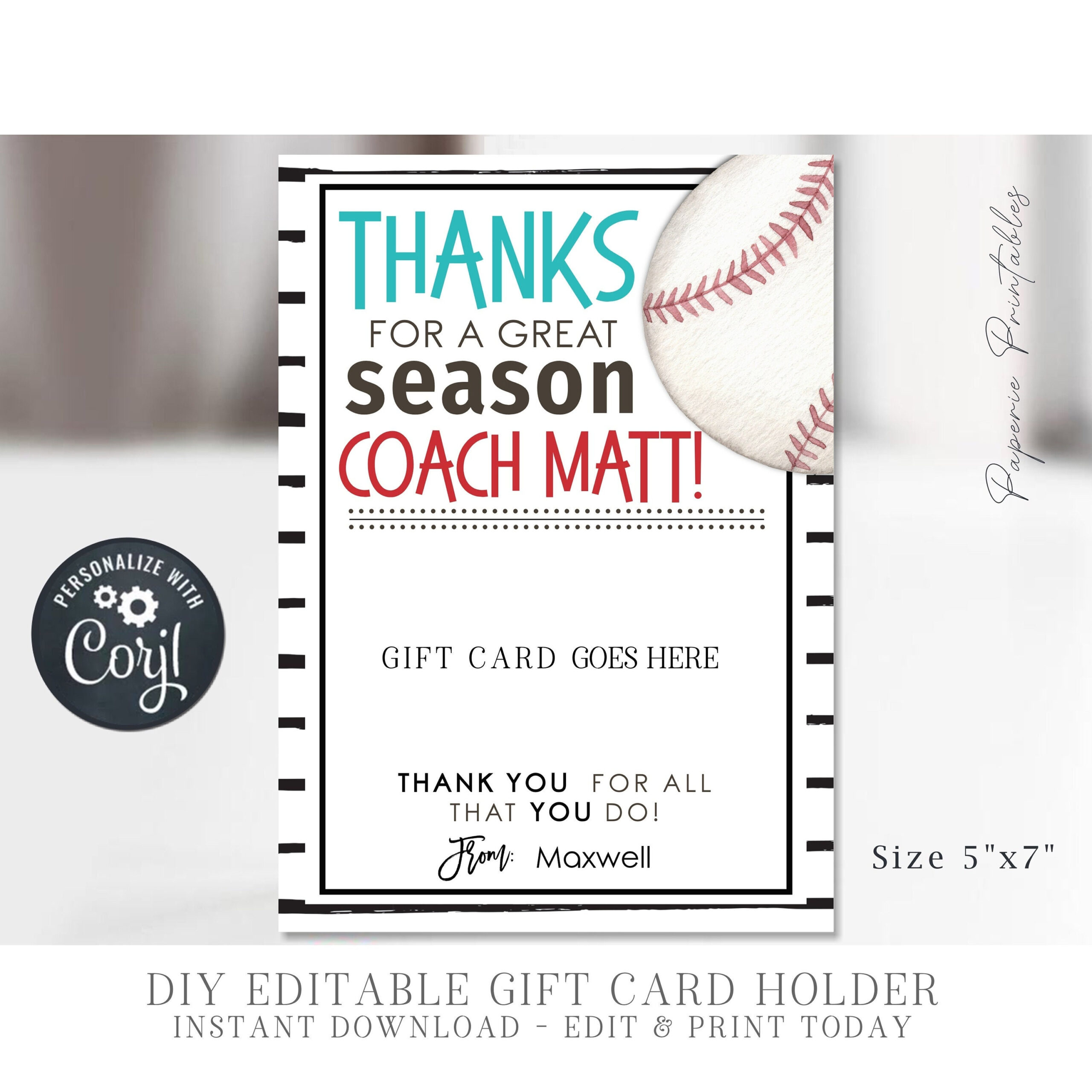 Baseball Coach Gift Card Holder: Editable Template (Diy With Corjl for Free Printable Baseball Coach Thank You Cards