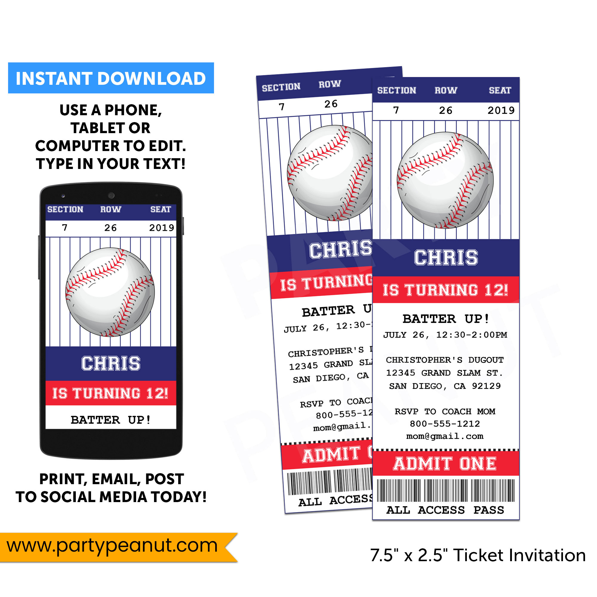 Baseball Ticket Invitation Party Printables - Party Peanut in Free Printable Baseball Ticket Birthday Invitations