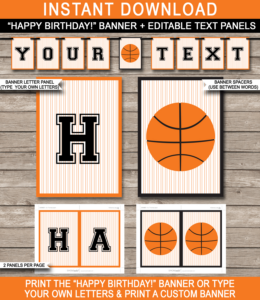 Basketball Party Banner Template - Black/Orange with FREE Printable Basketball Birthday Banner