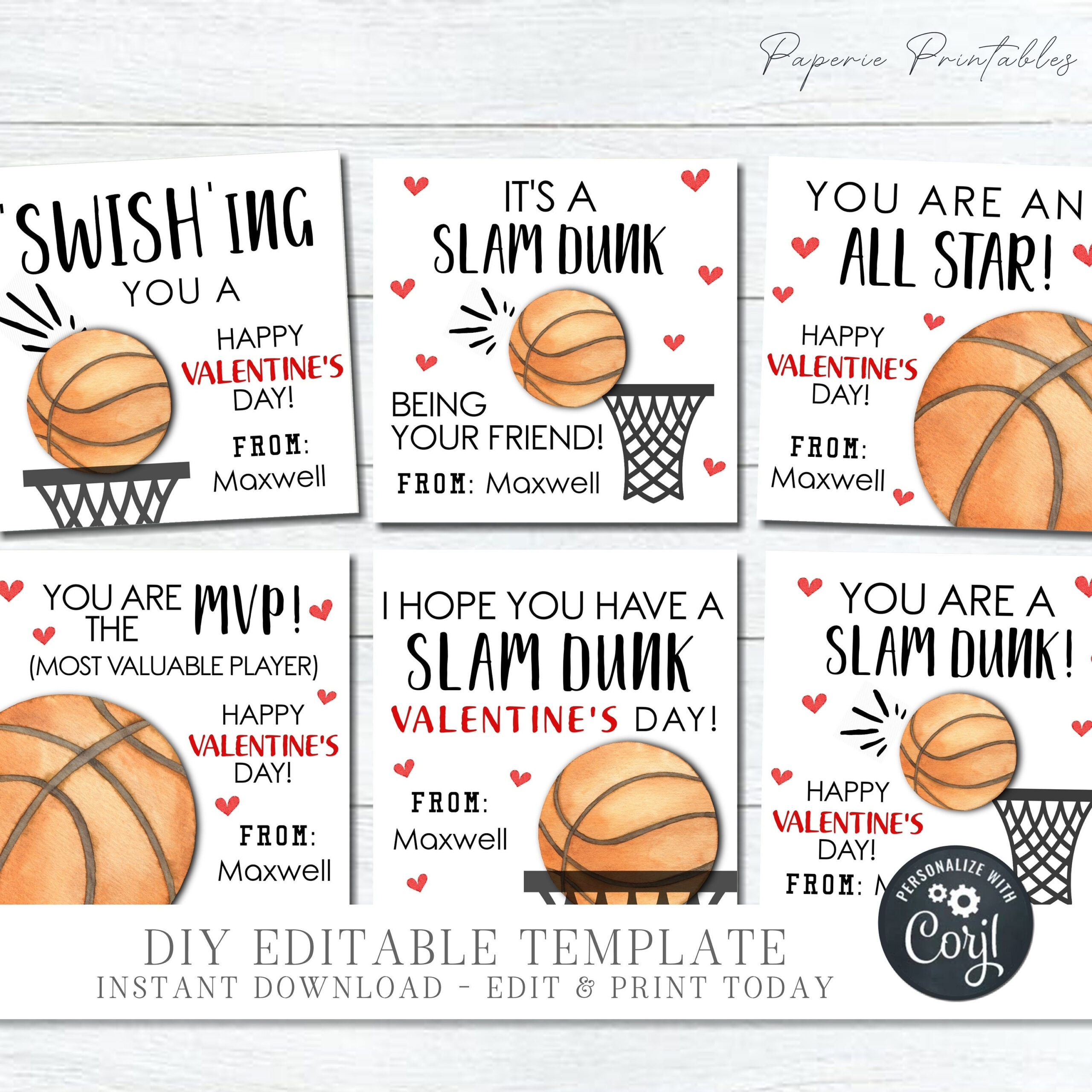 Basketball Valentine Cards: Editable Kids School Tags (Digital with FREE Printable Basketball Valentine Cards