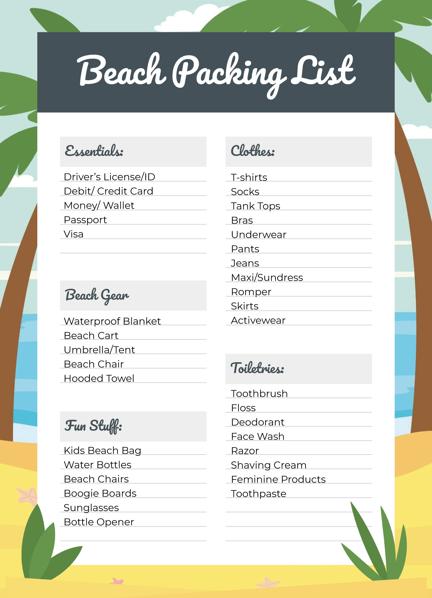 Beach Packing List Free Google Docs Template - Gdoc.io with regard to Free Printable Beach Packing List