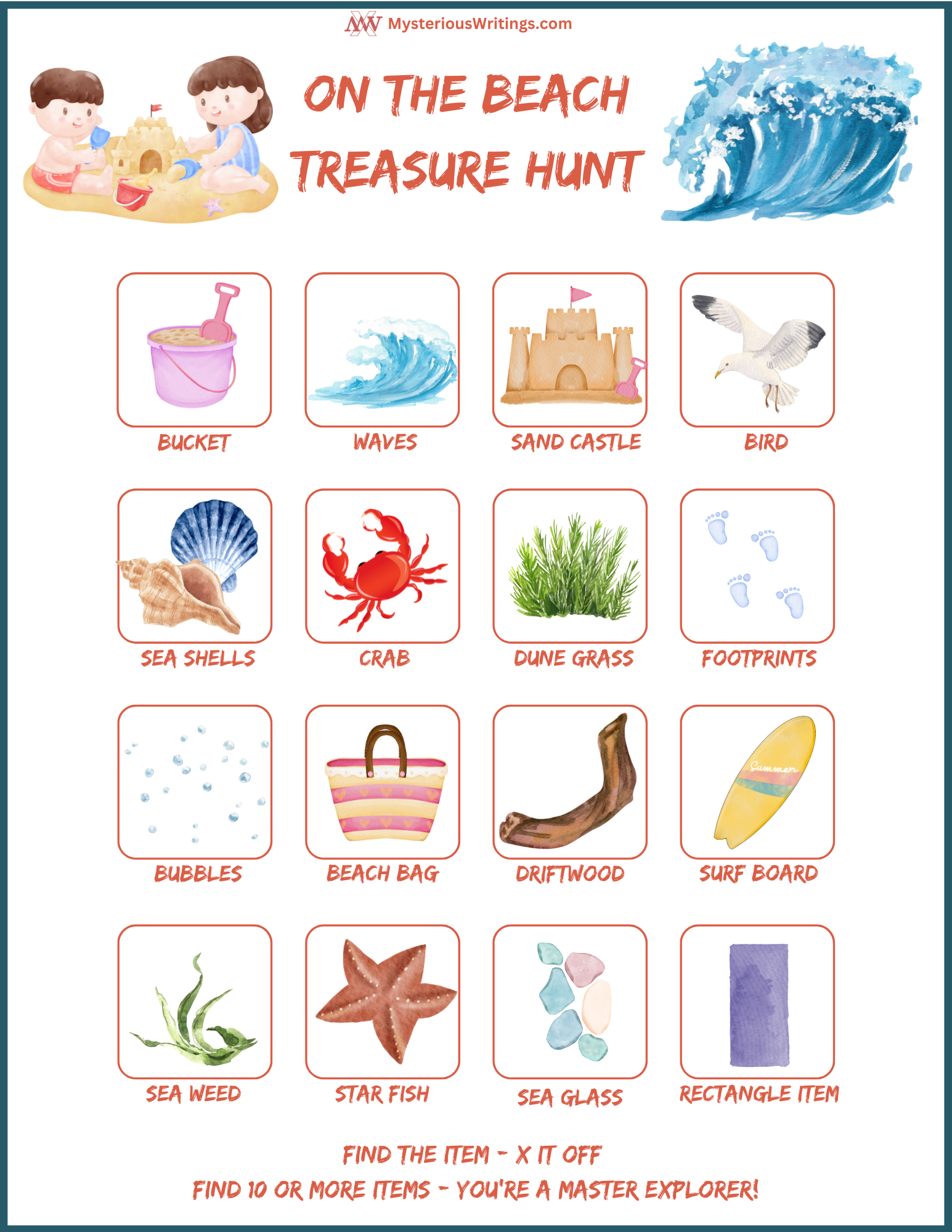 Beach Scavenger Hunt For Kids- Free Printable - Mysterious Writings for FREE Printable Beach Scavenger Hunt