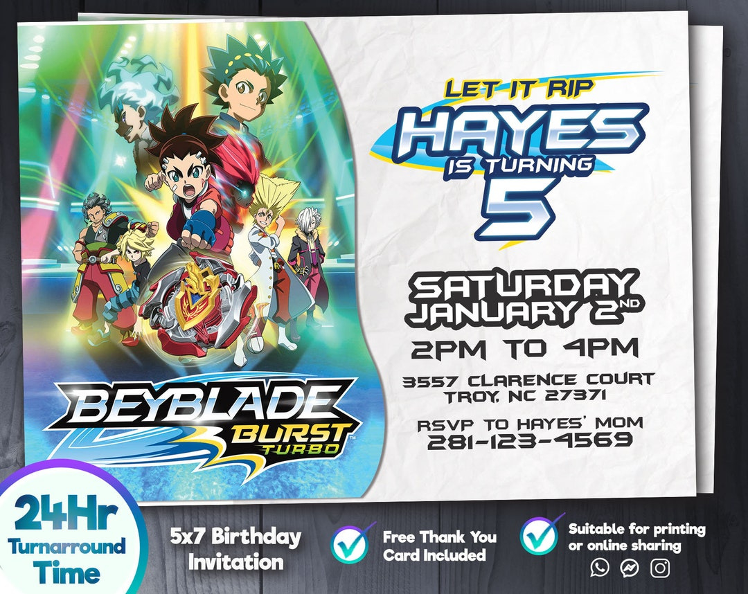 Beyblade Burst Turbo Birthday Invitation, Printable Birthday Party throughout FREE Printable Beyblade Birthday Invitations