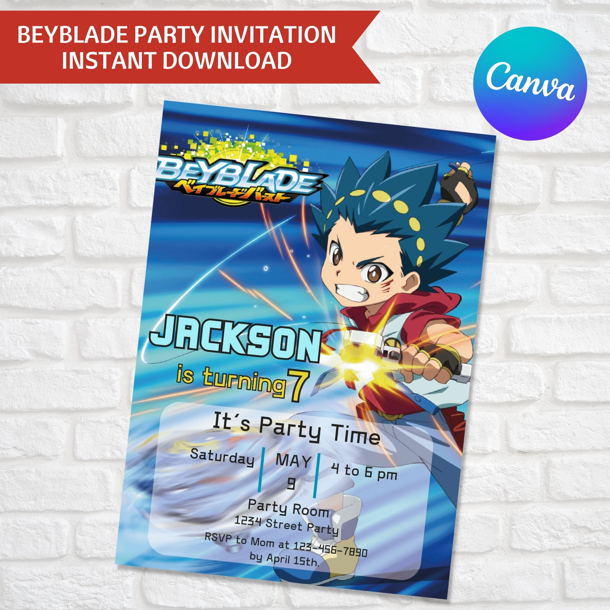 Beyblade Invitation Printable, Bey Blade Birthday Invitation, Self with FREE Printable Beyblade Birthday Cards