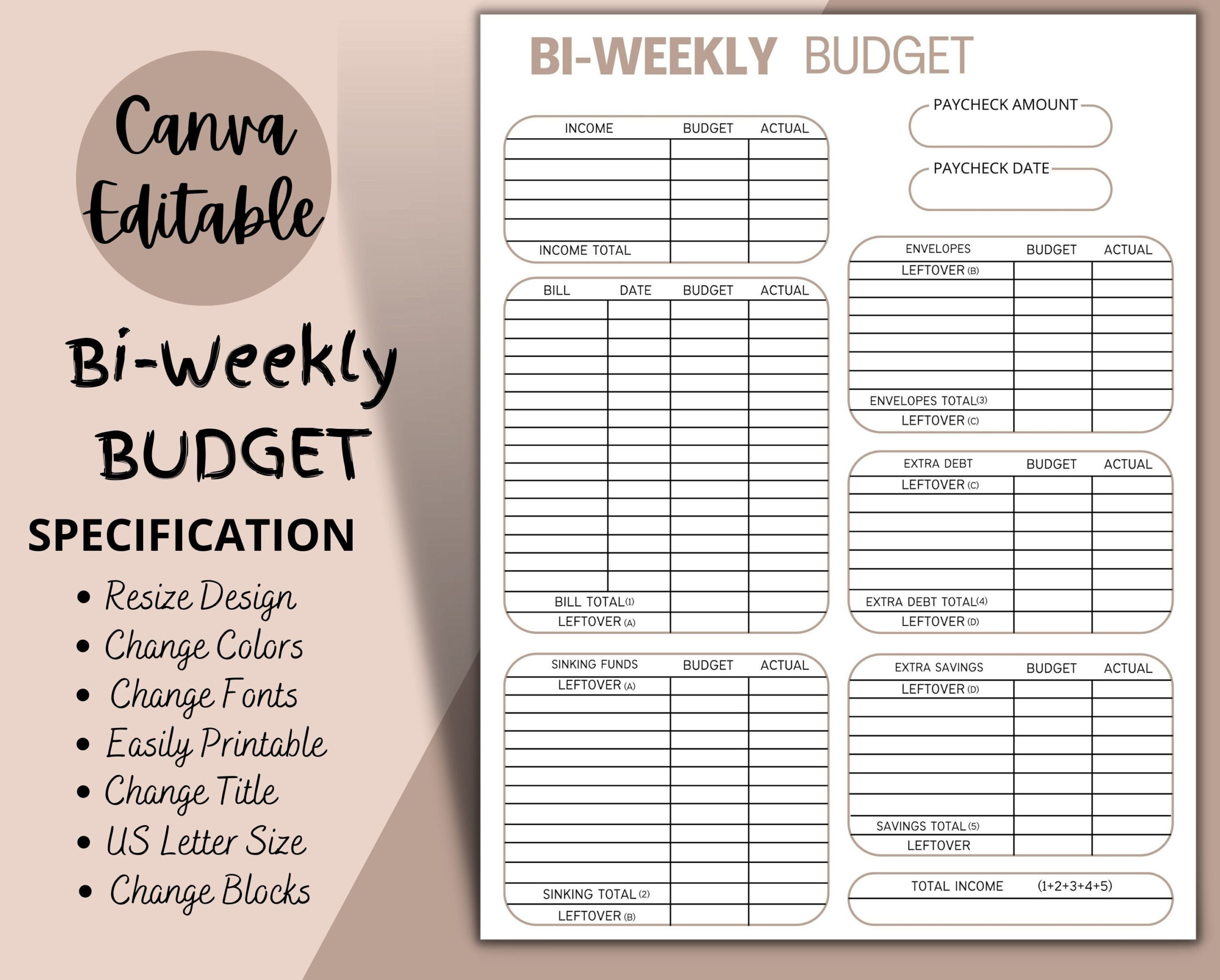 Bi-Weekly Budget Overview Template Printable, Canva Editable pertaining to FREE Printable Bi Weekly Budget Planner