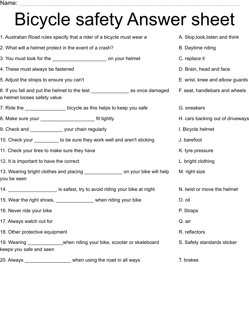 Bicycle Safety Answer Sheet Worksheet - Wordmint with FREE Printable Bike Safety Worksheets