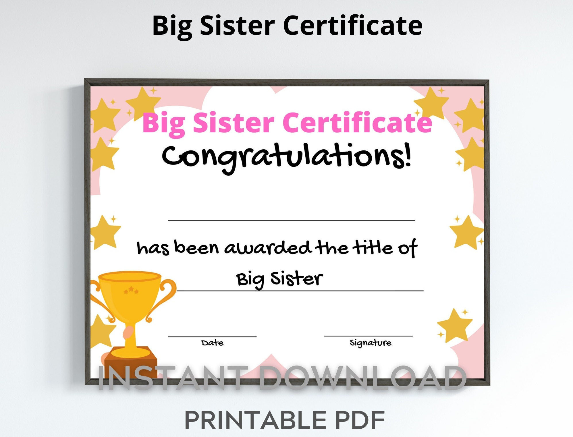 Big Sister Certificate Printable - For Kids - New Sibling Keepsake Gift - A4 &amp;amp; Us Letter Sizes Instant Download pertaining to FREE Printable Big Sister Certificate