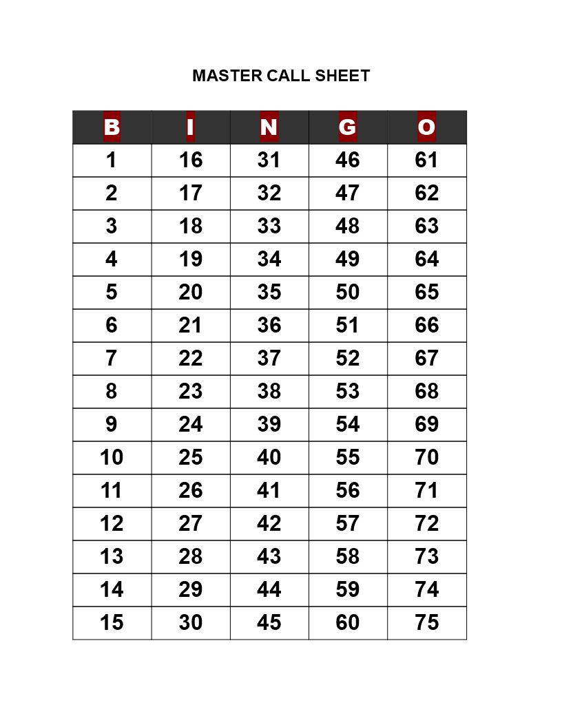 Bingo Call Sheet | Templates At Allbusinesstemplates within Free Printable Bingo Call Numbers 1 75