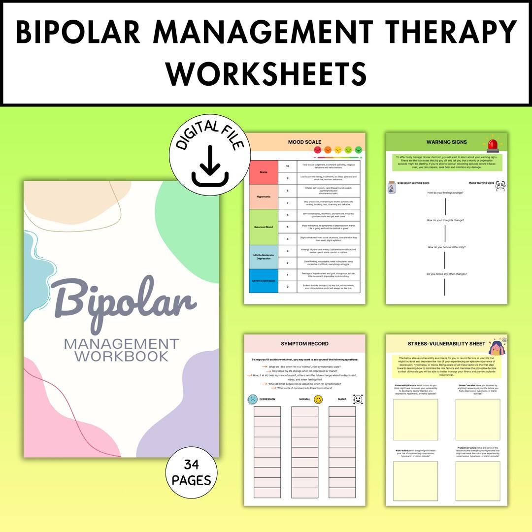 Bipolar Worksheets, Bipolar Disorder, Therapy Worksheets, Mood Tracker, Symptom Tracker, Coping Skills, Bipolar Awareness, Manic, Depressive for Free Printable Bipolar Disorder Worksheets