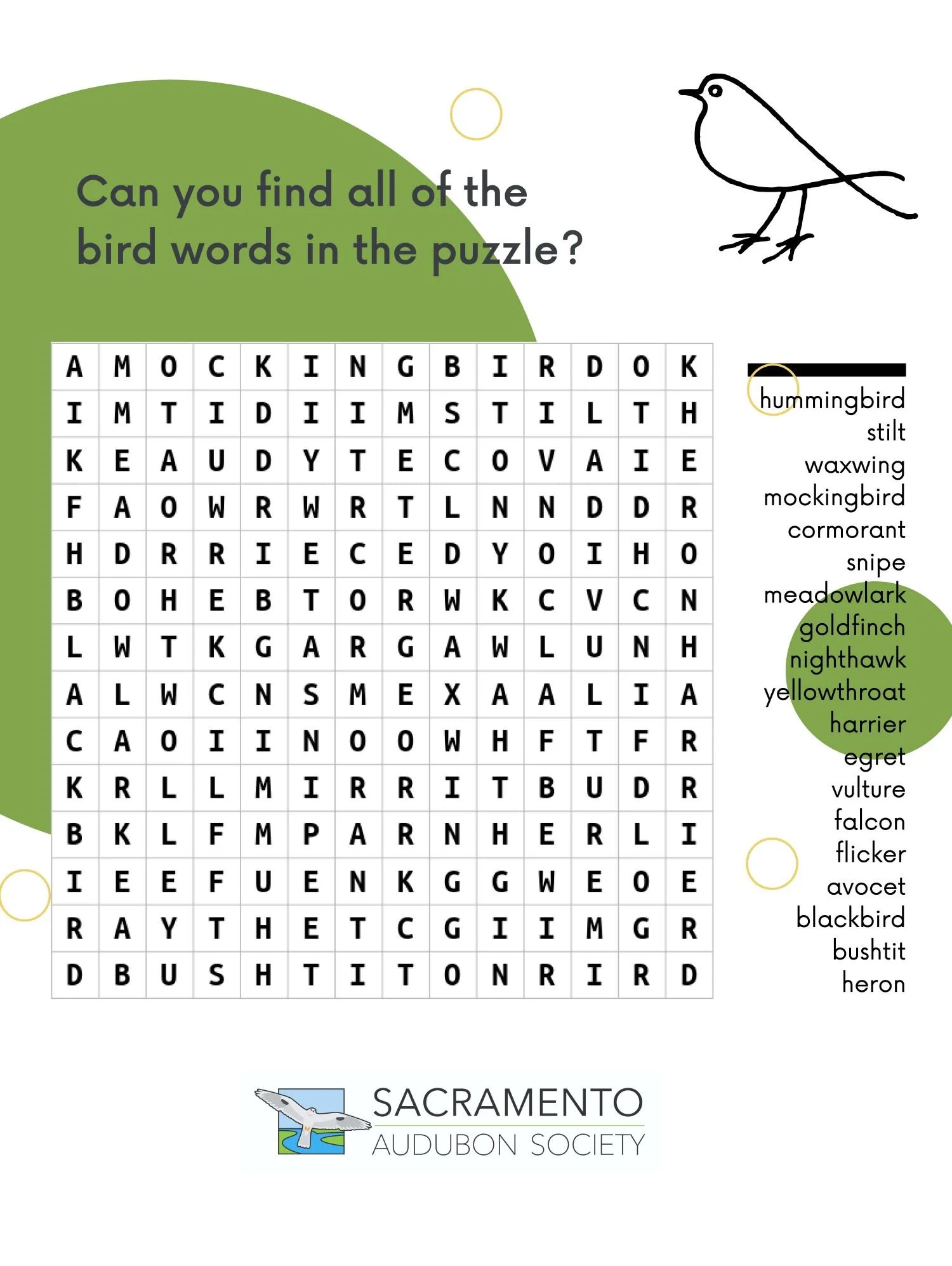 Bird Word Search — Sacramento Audubon Society with regard to Free Printable Bird Word Search