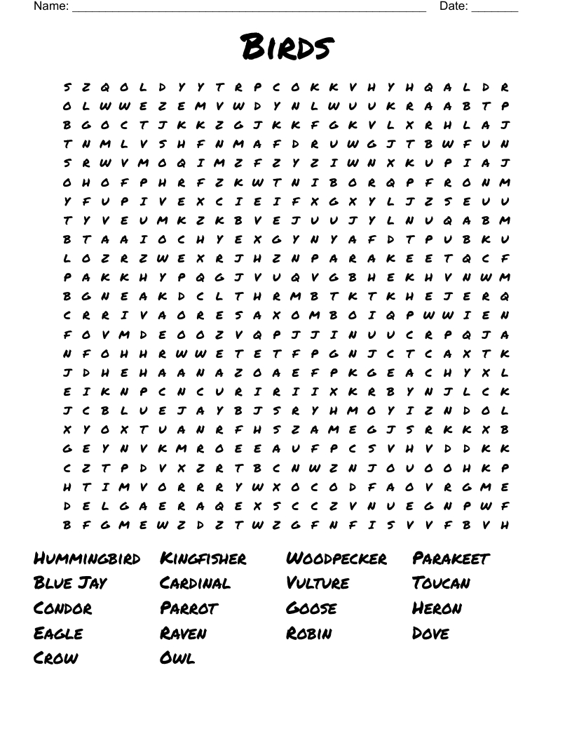 Birds Word Search - Wordmint inside Free Printable Bird Word Search