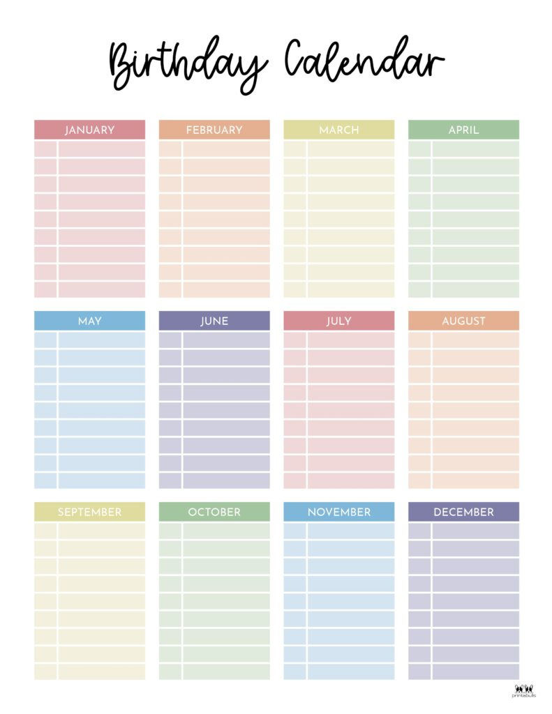 Birthday Calendars &amp;amp; Trackers - 20 Free Printables | Printabulls intended for FREE Printable Birthday Calendar Yearly