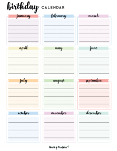 Birthday Calendars - World Of Printables for FREE Printable Birthday Calendar Yearly