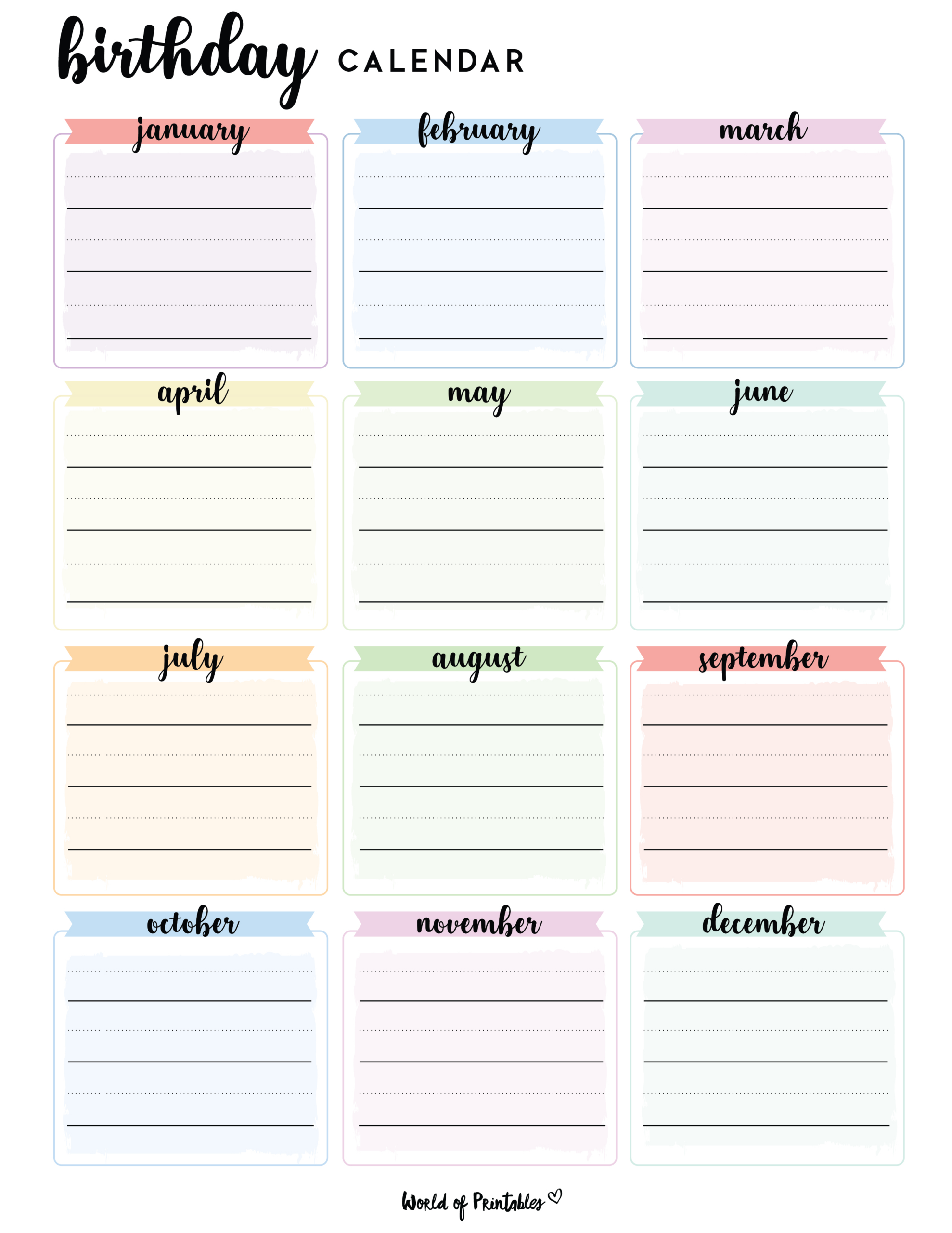 Birthday Calendars - World Of Printables for FREE Printable Birthday Calendar Yearly