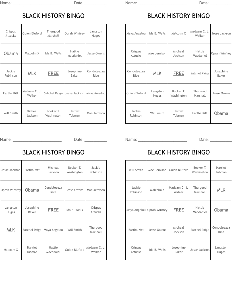 Black History Bingo - Wordmint within FREE Printable Black History Bingo