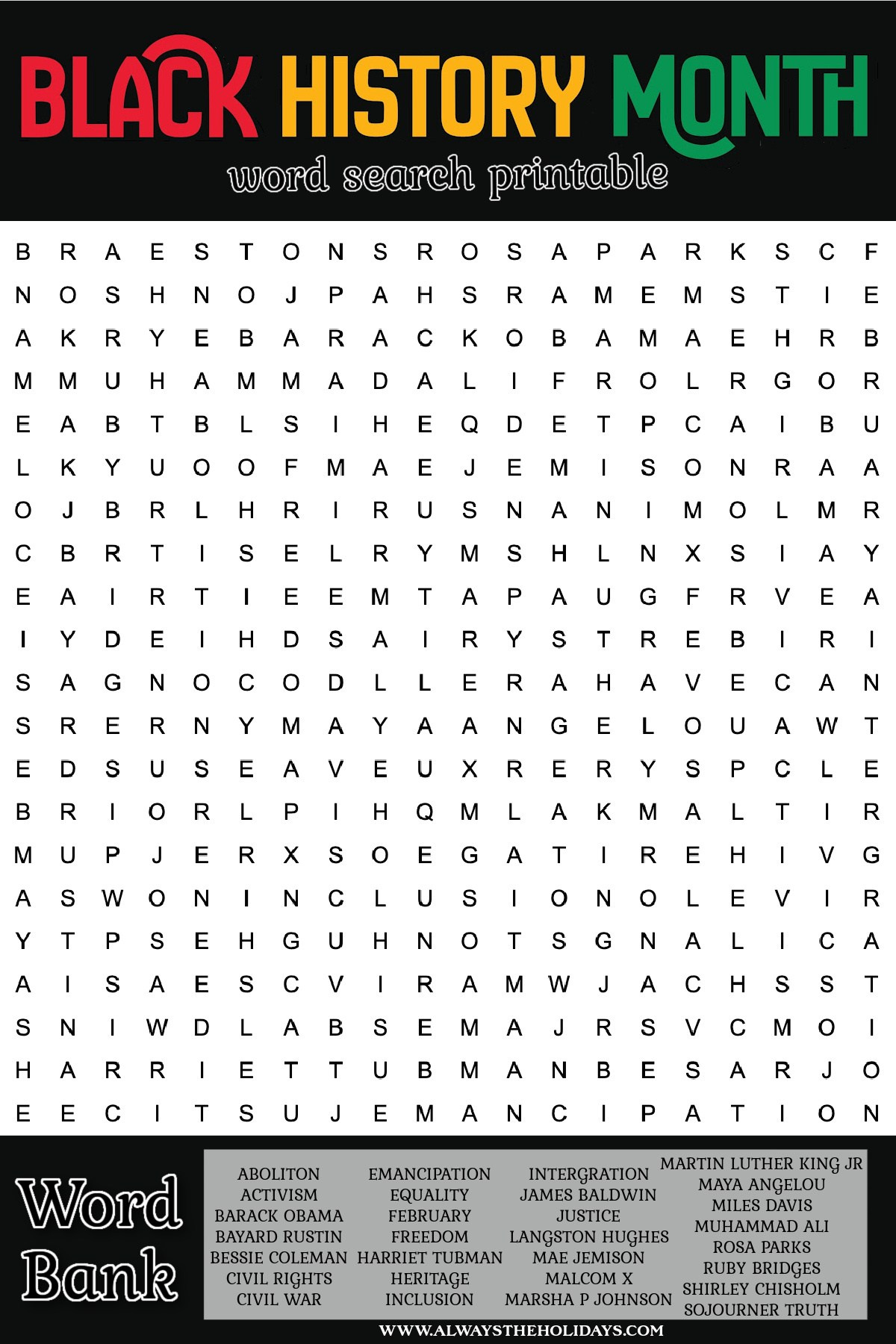 Black History Month Word Search - Free Printable With Answer Key for FREE Printable Black History Month Word Search