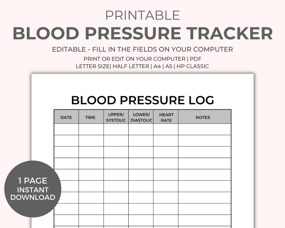 Blood Pressure Chart Printable - Instant Download, Medical Tracker throughout FREE Printable Blood Pressure Chart Uk