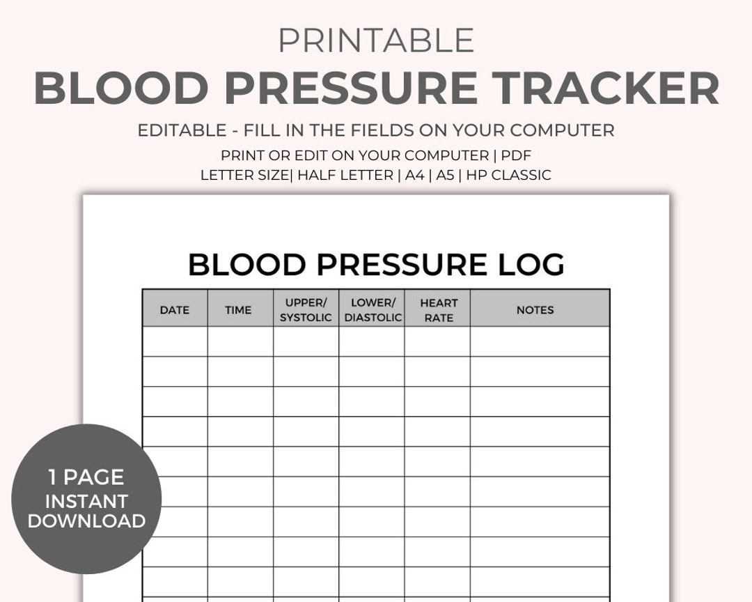 Blood Pressure Chart Printable - Instant Download, Medical Tracker throughout Free Printable Blood Pressure Log Sheets Uk