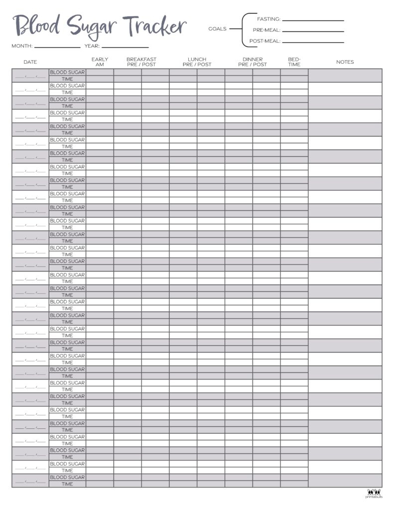 Blood Sugar Logs - 25 Free Logs &amp;amp; Trackers | Printabulls for FREE Printable Blood Sugar Tracker